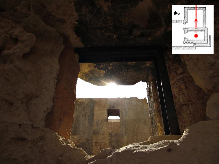 6.  The view through the sanctuary's western wall 'window', as seen by the 'eyes' in the previous photo (5). Here, we see the western wall and 'window' of the Receiving Room (we saw the outside of this wall and 'window' in figure 2). In this amazing image, we can see the setting sun falling down in line with the western Receiving Room wall 'window' below it. Recall, however, that the building does not retain the ceiling/roof that it once had, which would not have originally allowed for such a sight as we now have here.